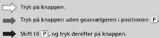 Tryk på knappen. Tryk på knappen uden gearvælgeren i positionen P. Skift til P, og tryk derefter på knappen.
