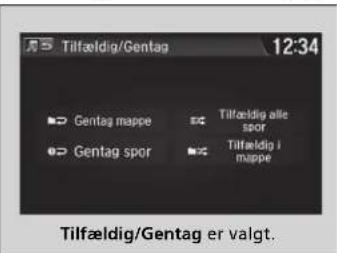 Tilfældig/Gentag 12:34 Gentag mappe Gentag spor Tilfældig alle spor Tilfældig i mappe Tilfældig/Gentag er valgt.