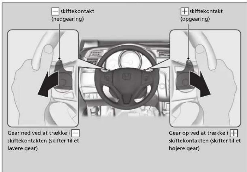 skiftekontakt (nedgearing) skiftekontakt (opgearing) Gear ned ved at trække i skiftekontakten (skifter til et lavere gear) Gear op ved at trække i skiftekontakten (skifter til et højere gear)