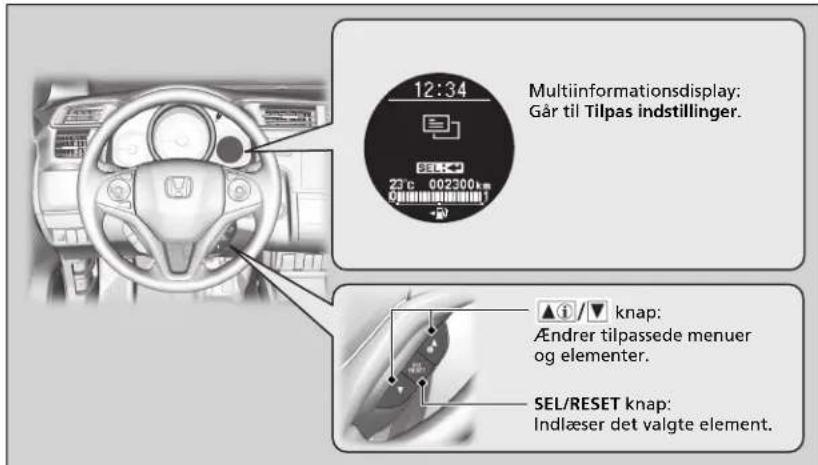 Multiinformationsdisplay: Går til Tilpas indstillinger. 12:34 SEL 23 c 002300km -0 ▲/▼ knap: Ændrer tilpassesede menuer og elementer. SEL/RESET knap: Indlæser det valgte element.