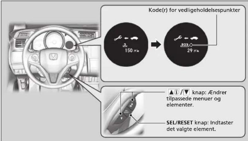 Kode(r) for vedligeholdelsespunkter 2, 150** 823 29** ▲/▼ knap: AEndrer tilpassesede menuer og elementer. SEL/RESET knap: Indtaster det valgte element.