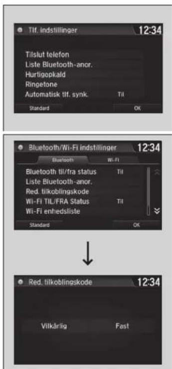 Tlf. indstillinger 12:34 Tilslut telefon Liste Bluetooth-anor. Hurtiogpald Ringtone Automatisk tlf. synk. Til Standard OK Bluetooth/Wi-Fi indstillinger 12:34 Bluetooth Wi-Fi Bluetooth tll/fra status Til Liste Bluetooth-anor. Red. tilkoblingskode Wi-Fi TIL/FRA Status Til Wi-Fi enhedsliste Standard OK Red. tilkoblingskode 12:34 Vilkärlig Fast