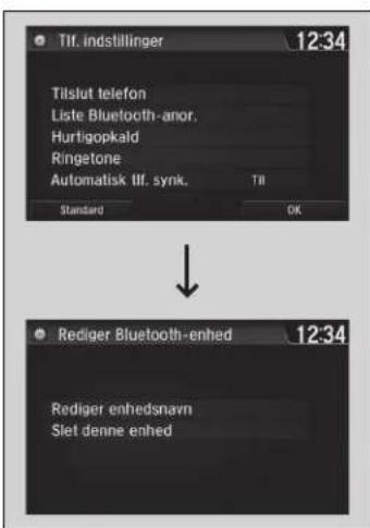 Tlf. indstillinger 12:34 Tilslut telefon Liste Bluetooth-anor. Hurfigopkald Ringetone Automatisk tlf. synk. Tlf Standard OK Rediger Bluetooth-enhred 12:34 Rediger enhedsnavn Slet denne enhed