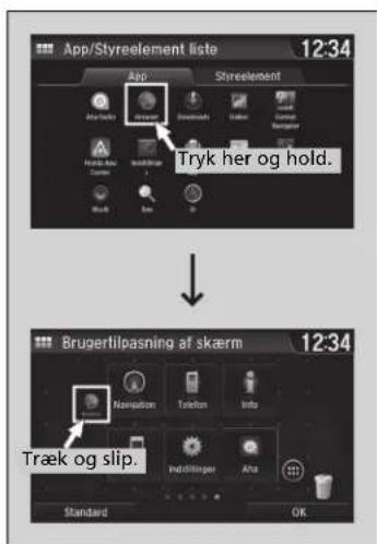 App/Styleelement liste 12:34 App Styreelement Tryk her og hold. Brugertilpasning af skærm 12:34 Træk og slip. Standard OK