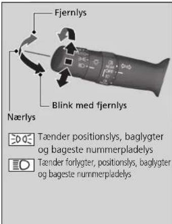 Fjernlys Blink med fjernlys Nærlys Tænder positionslys, baglygter og bageste nummerpladelys Tænder forlygter, positionslys, baglygter og bageste nummerpladelys