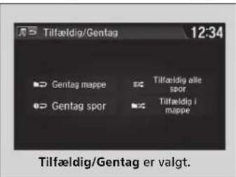 Tilfældig/Gentag 12:34 Gentag mappe Gentag spor Tilfældig alle spor Tilfældig i mappe Tilfældig/Gentag er valgt.