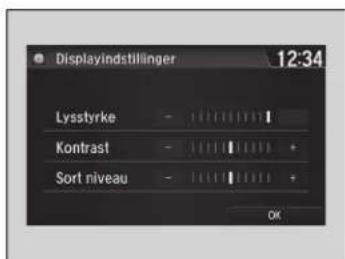 Displayindstillinger 12:34 Lysstyrke Kontrast Sort niveau OK