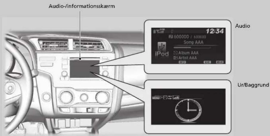 Audio-/informationsskærm 12:34 iPod 600000 / 600000 Song AAA Album AAA 81 Artist AAA Ur/Baggrund