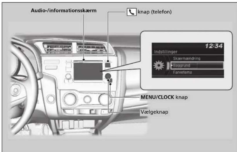 Audio-/informationsskærm knap (telefon) 12:34 Indstillinger Skaermaændring Baggrund Farvetema MENU/CLOCK knap Vælgeknap