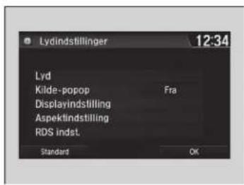 Lydindstillinger 12:34 Lyd Kilde-popop Fra Displayindstilling Aspektindstilling RDS indet. Standard OK