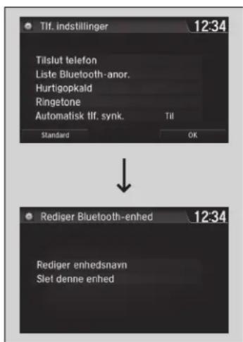 Tlf. indstillinger 12:34 Tilslut telefon Liste Bluetooth-anor. Hurtigopkald Ringtone Automatisk tlf. synk. Til Standard OK Rediger Bluetooth-enhed 12:34 Rediger enhedsnavn Slet denne enhed