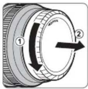 Diagram of a mechanical component with numbered parts and directional arrows indicating motion or rotation.