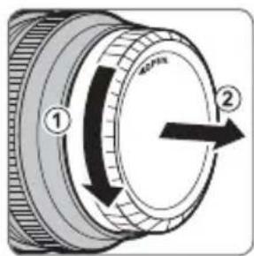 Diagram of a mechanical component with numbered parts and directional arrows indicating motion or rotation.