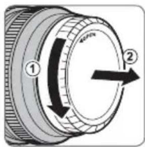 Diagram of a mechanical component with numbered parts and directional arrows indicating motion or rotation.