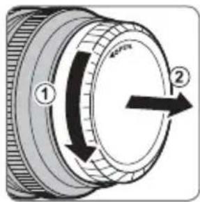 Diagram of a camera lens with labeled parts and directional arrows indicating rotation or movement.