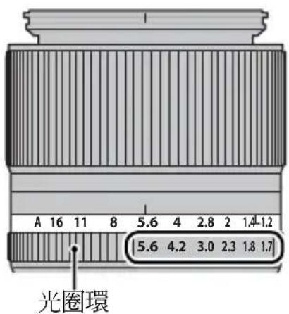 A 16 11 8 5.6 4 2.8 2 1.4-1.2 5.6 4.2 3.0 2.3 1.8 1.7 光圈環