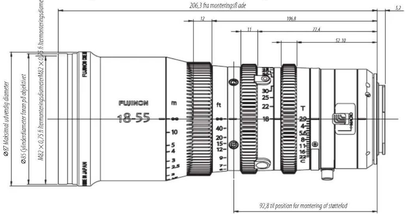 Ø87 Maksimal udverdig diameter Ø85 Cylinder diameter foran på objektivet M82 × 0,75 fi.thermonteringsdiameterM82 × 0,75 fi.thermonteringsdiamen FUJINON 18-55 m ft 40- 20- 15- 12- 9- 7- 18 30 25 22 T 29 4 5,6 8 11 16 22 C 92,8 til position for montering af støttefod FUJINON FUMORCE 5,2 12 11 106,8 77,4 52,10