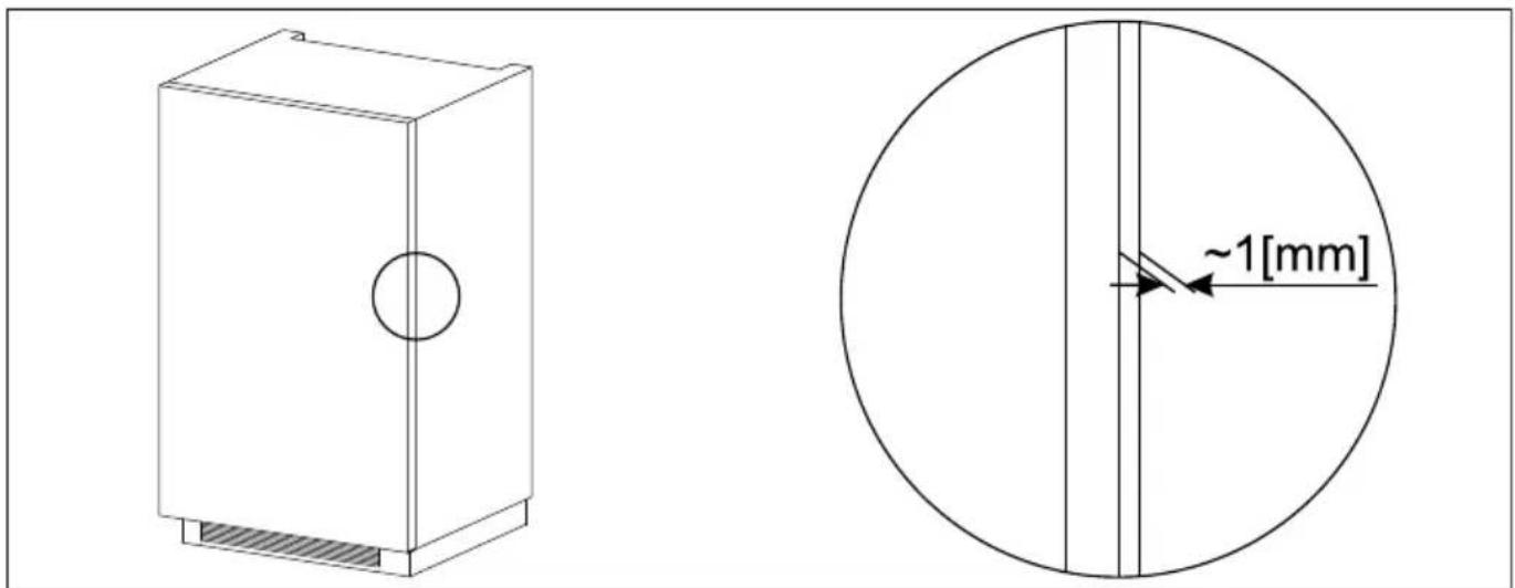 Technical diagram showing a cabinet and a circular component with dimension annotation of ~1 mm