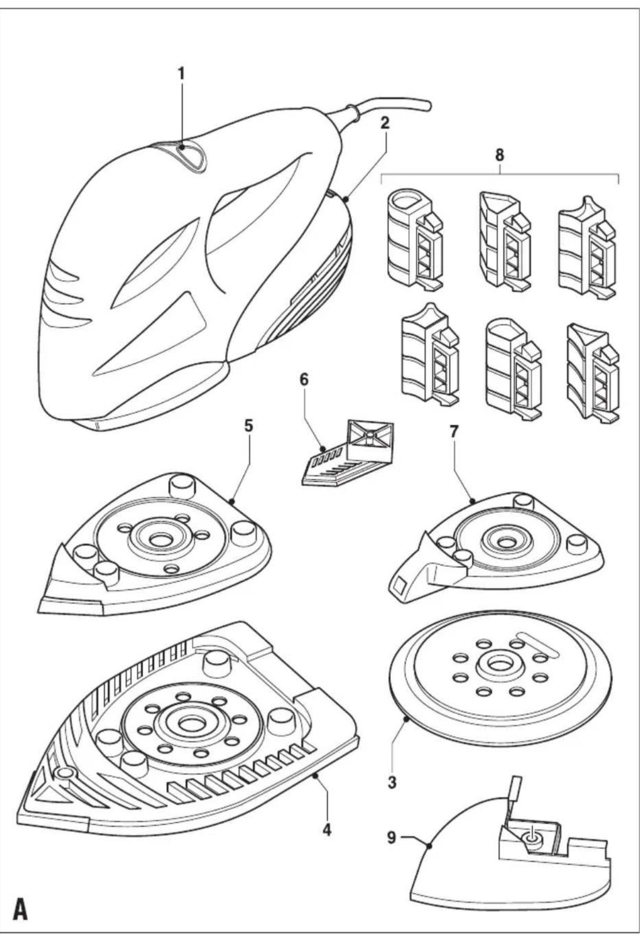 Technical diagram of a vacuum cleaner with labeled parts, including exploded view and assembled views