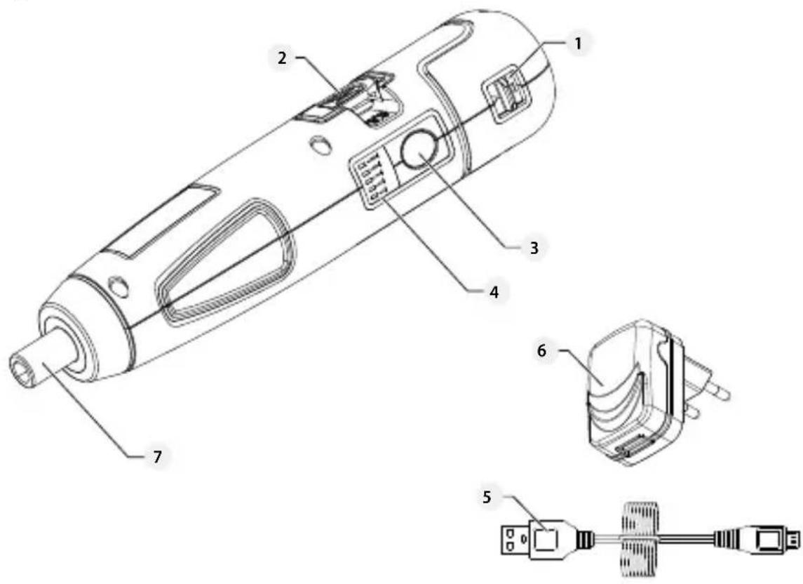 Technical diagram of a handheld device with numbered components and exploded view, showing internal structure and wiring layout.