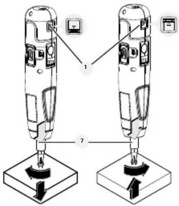 Diagram showing two identical devices with labeled components, including a device with a monitor and a base with directional arrows.
