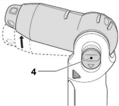 Technical diagram of a handheld device with labeled parts and directional arrow indicating motion or assembly.