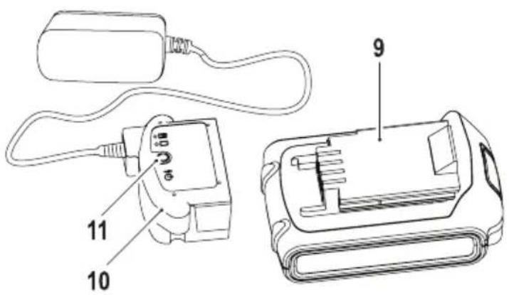 Technical diagram of a battery pack with labeled components including plug, socket, and battery casing