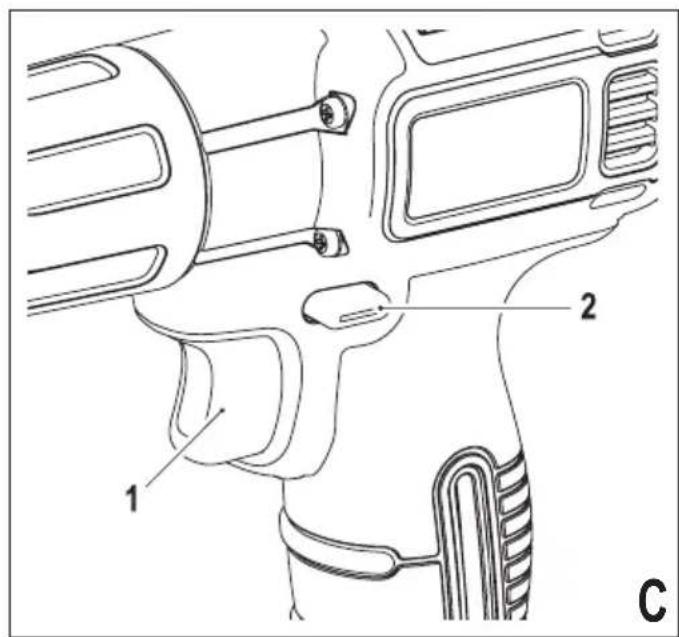 Technical diagram of a mechanical device with labeled parts 1 and 2, showing internal components and assembly.