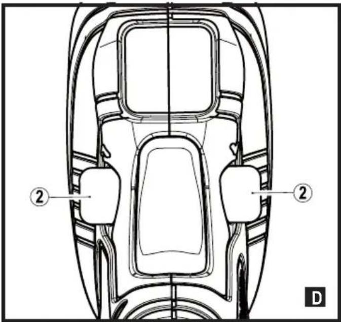 Technical diagram of a car interior with labeled parts, showing top and side views with numbered annotations.