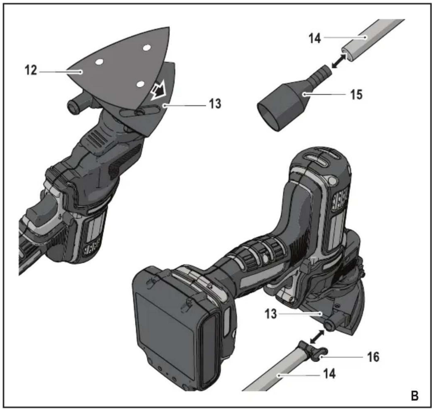 Technical diagram of a handheld device with numbered parts labeled 12 to 16, showing exploded view and assembly.
