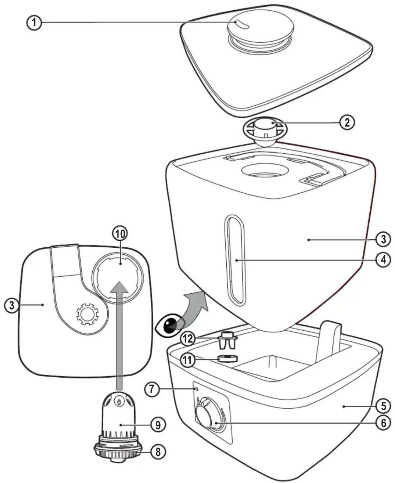 Exploded view diagram of a kitchen appliance with numbered parts for identification and assembly reference.