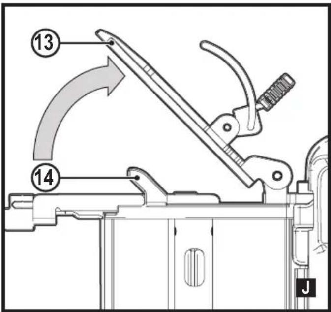 Technical diagram of a mechanical device with numbered parts and directional arrow indicating motion or assembly.