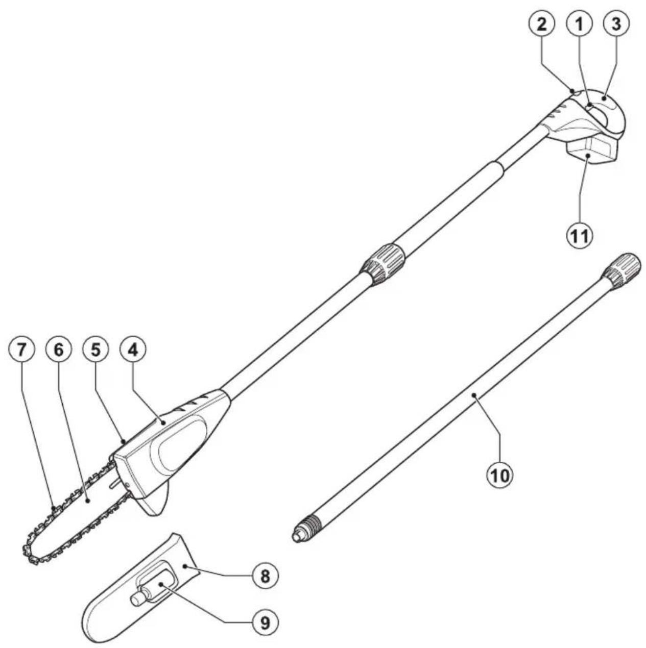 Technical diagram of a chain-linking tool with numbered parts for identification