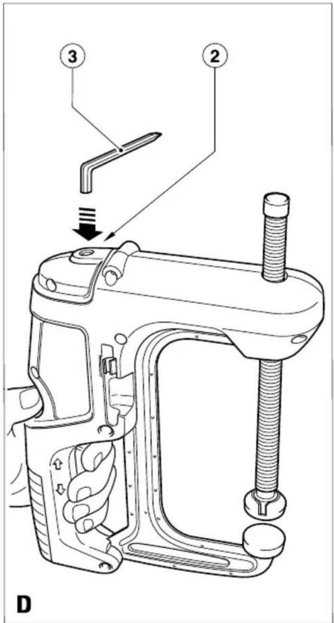 Technical diagram of a mechanical device with labeled parts and directional arrows indicating assembly or movement.