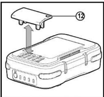 Diagram showing a device with labeled components and an arrow indicating movement or assembly, marked with number 12.