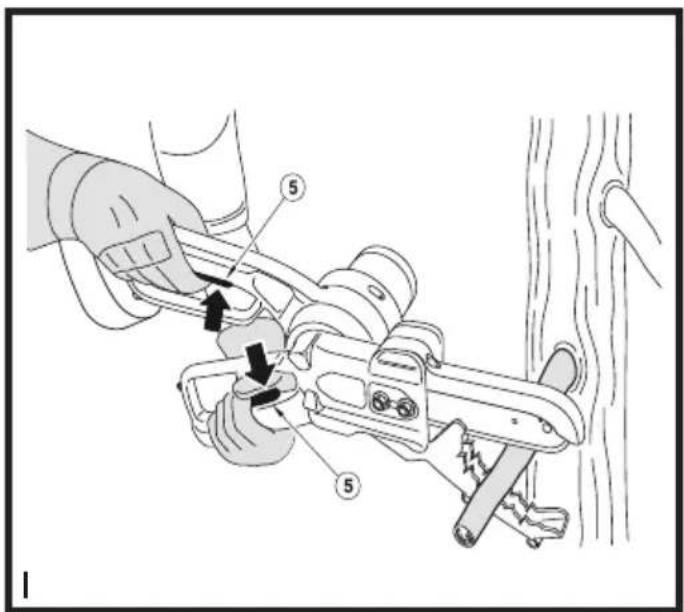 Technical diagram showing a hand operating a mechanical device with labeled parts and directional arrows indicating motion or assembly.