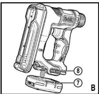 Technical diagram of a handheld device with labeled parts, showing internal components and part number 8.