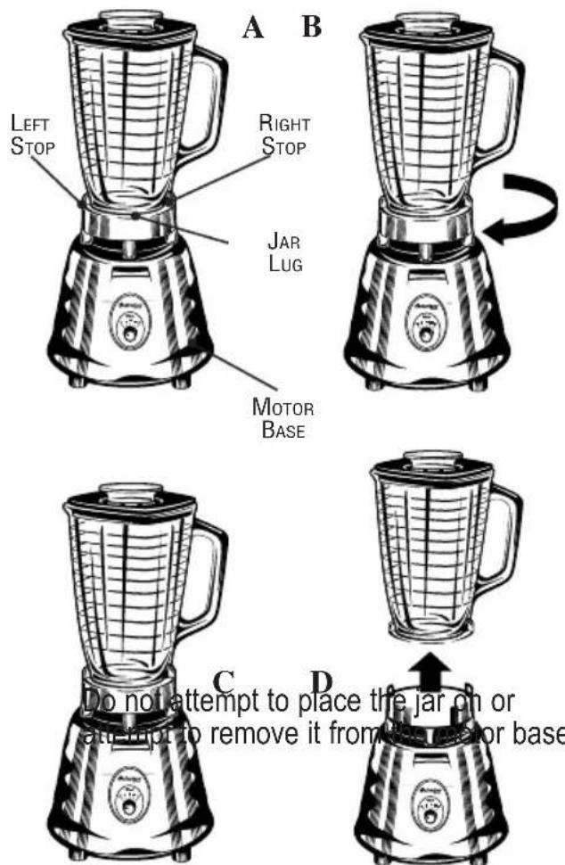 A B LEFT STOP RIGHT STOP JAR LUG MOTOR BASE C D Do not attempt to place the jar on or attnpt to remove it from a motor base