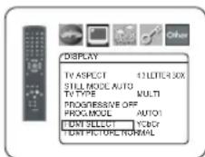 DISPLAY TV ASPECT 41 LITER 30X STILL MODE AUTO TV TYPE MULTI PROGRESSIVE OFF PROGIC MODEL AUTO1 TEXT SELECT YCBOY TEXT PICTURE NORMAL