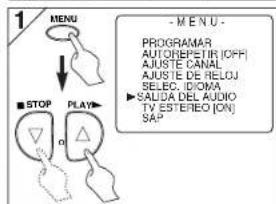 1 MENU ■ STOP PLAY ■ - MENU - PROGRAMAR AUTOREPETIR (OFF) AJUSTE CANAL AJUSTE DE RELOU SELEC. IDONA ▶ SALUDA DEL AUDIO TV ESTEREO (ON) SAP