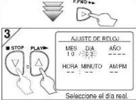 3 ■ STOP PLAY AJUSTE DE RELOU MES DIA AÑO 10:30.95 HORA MINUTO AMPM -- -- Seleccione el día real.