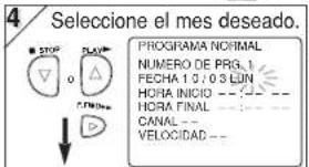 4 Seleccione el mes deseado. STOP PLAY PROGRAMA NORMAL NUMERO DE PRG. 1 FECHA 1.0 / 0.3 LUN HORA INICIO --- -- HORA FINAL --- CANAL --- VELOCIDAD ---