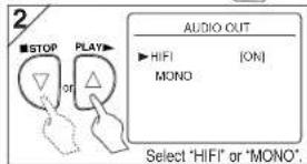 2 ■STOP PLAY AUDIO OUT ►HIFI [ON] MONO Select "HIFI" or "MONO". Select