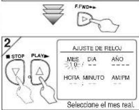 F.FWD 2/ STOP PLAY AJUSTE DE RELOU MES DIA AÑO 10/- HORA MINUTO AMPM - Seleccione el mes real.