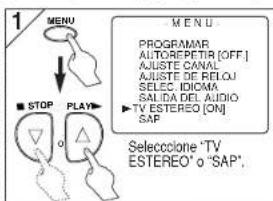 1 MENU PROGRAMAR AUTOREPETIR [OFF] AJUSTE CANAL AJUSTE DE RELOJ SELEC DICOMA SALIDA DEL AUDIO ▶ TV ESTEREO [ON] SAP ■ STOP PLAY ○ □ M E N U Seleccione 'TV ESTEREO' o "SAP"