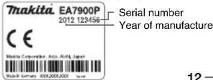 Makita EA7900P 2012 123456 CE MAKITA CORPORATION, AGN, AHT, Japan MAKITA GERMATE XIX:XXXXIXX XIX Serial number Year of manufacture 12-