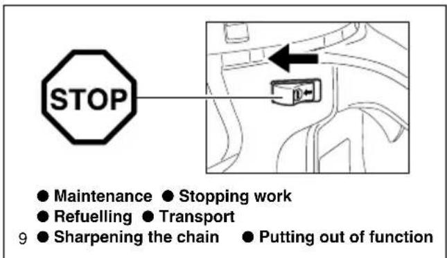 STOP ● Maintenance ● Stopping work ● Refuelling ● Transport 9 ● Sharpening the chain ● Putting out of function