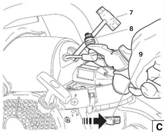 Technical diagram of a car gear shift mechanism with numbered parts and directional arrow