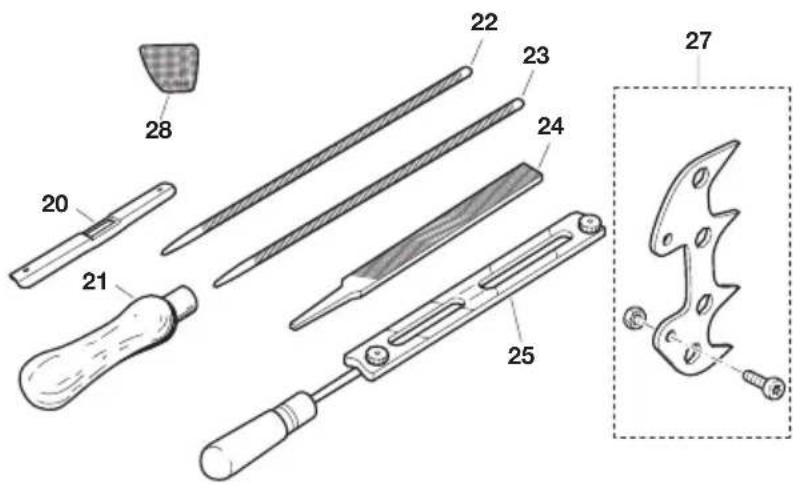 Technical diagram of a mechanical tool with numbered parts, including a disassembled and assembled part.