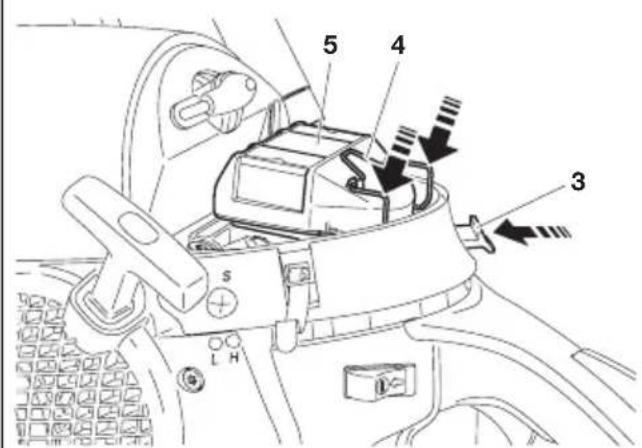 Technical diagram of a car seatbelt mechanism with numbered components and directional arrows indicating motion or movement.